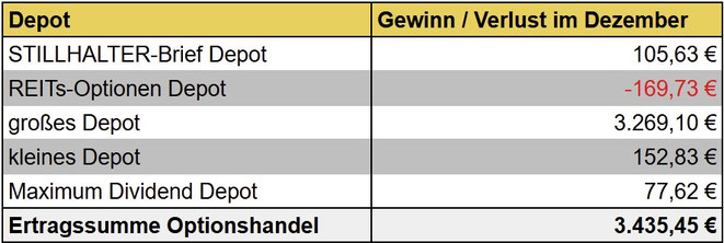 tabellarische Übersicht, Gewinne/Verluste Optionshandel Vormonat, Einnahmen, Optionsprämien aller Depots
