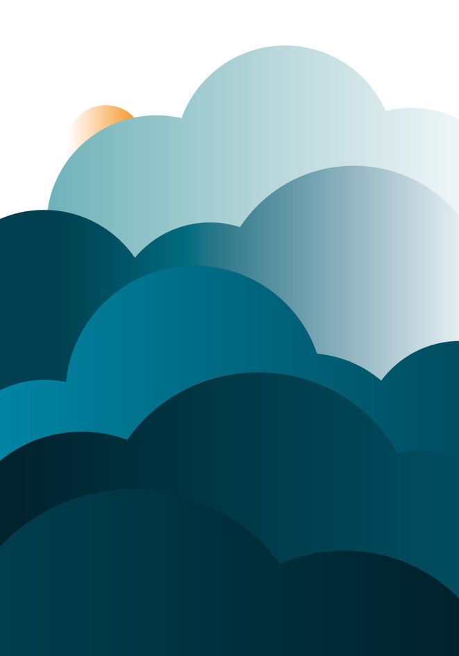 Mehrere stilisierte Wolken mit Farbverlauf von unten dunkleren zu oben hellen und freundlichen Blautönen. Oben ist hinter den Wolken eine kleine Sonne zu erkennen.