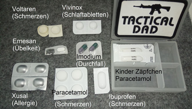 Meine EDC Medikamentenbox. Fast alles daraus ist rezeptfrei zu bekommen. Darin sind Tabletten gegen Schmerzen, Schlaflosigkeit, Durchfall, Übelkeit und Allergien.