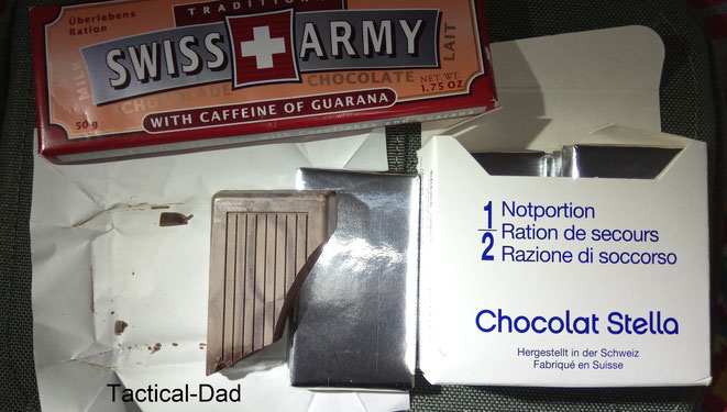 Das was für die Deutschen Scho-Ka-Kola ist, ist für die Schweizer ihre Armee Schokolade oder die Stella Notportion. Sie ist gut für ein Bug Out Bag geeignet.