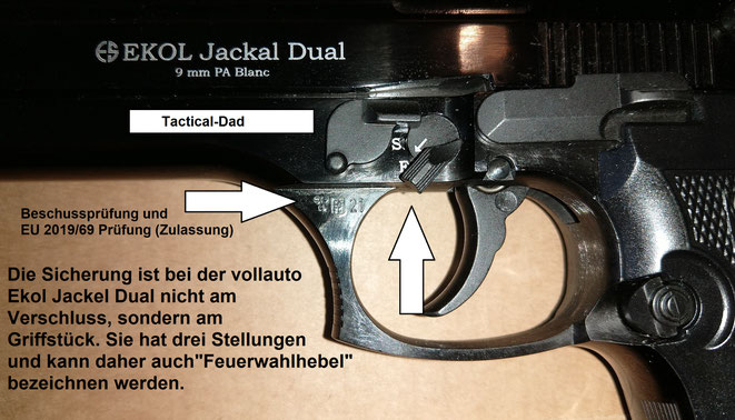 Der Sicherungshebel am Verschluss der vollautomatischen EKOL Jackel Dual ist ohne Funktion. Sie hat einen Feuerwahlhebel am Griffstück, weil sie innen ganz anders aufgebaut ist, als die halbauto Versionen. 