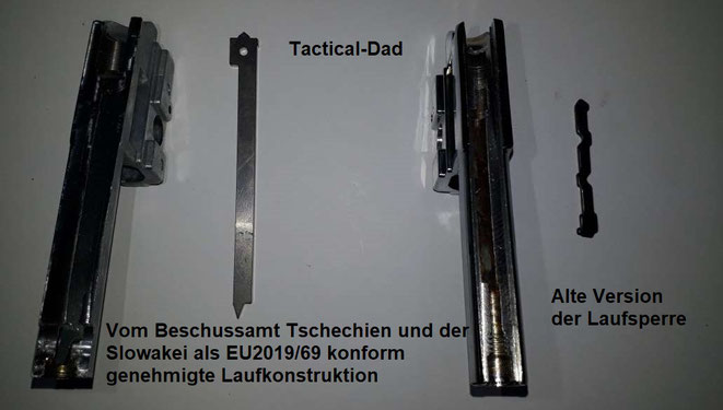 Die rechte Laufkonstruktion wurde abgelehnt, der Hersteller besserte nach und zwei Beschussämter bestätigten bereits die Konformität mit der EU Richtlinie 2019/69 für Schreckschusswaffen.  