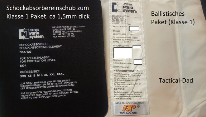 Um die Eindringtiefe eines aufgefangenen Geschosses zu minimieren können zusätzlich "Schockabsorber" vor der Wirbelsäule und dem Brustbein eingelegt werden.