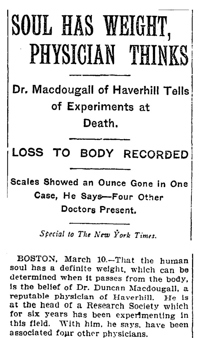 魂の重さを測定したという1907年ニューヨークタイムズの記事/Wikimedia Commonsより