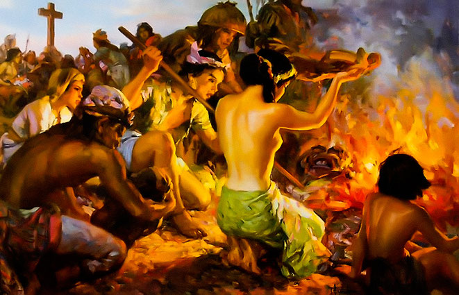 "Burning of the Idols" by Fernando Amorsolo, color lithograh, 1958.