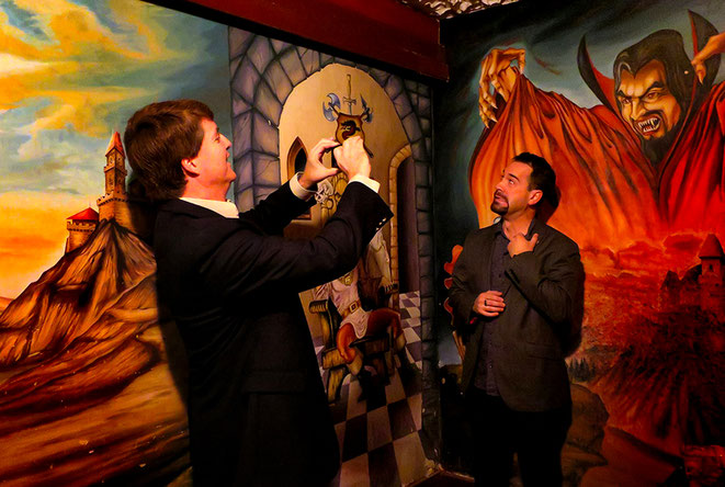 With Dacre Stoker and Aaron Sagers in the crypt of Hotel Castel Dracula, Nov. 2013