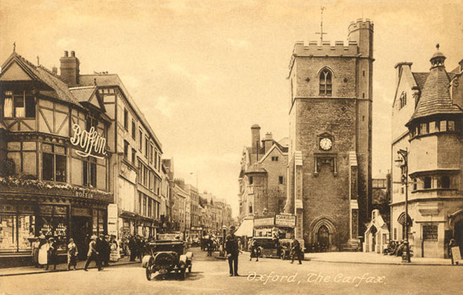 Carfax, Oxford, with the old Saxon Tower. The picture must have been taken after 1907.