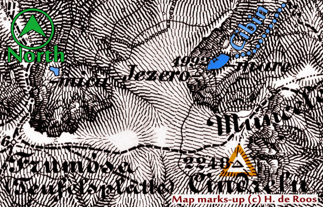 Habsburg military map, with the location of Iezerul Mare, underneath the peak of the  Cindrel