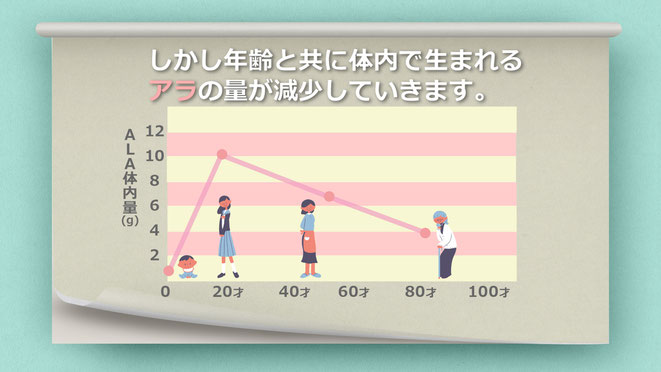 年齢とともに体内で生まれるアラALAの量が減少していきます　5-ALA