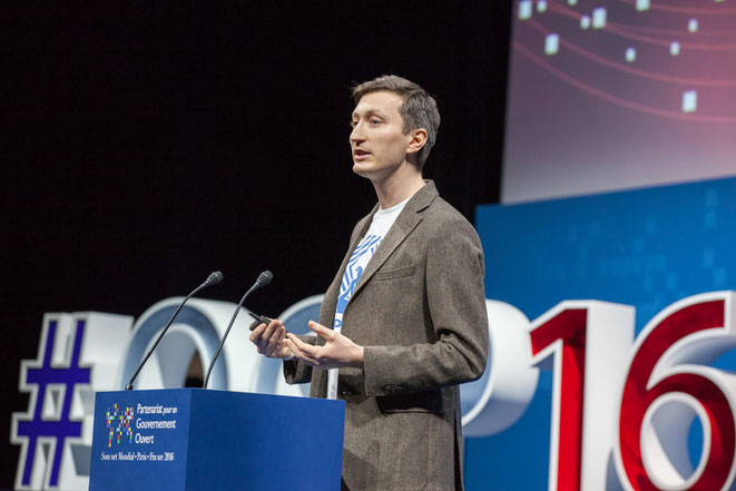 Bugay gives his acceptance speech: in addition to the OGP Award for ProZorro's role in Ukraine's anti-corruption quest, the team was recognized for involving young people, including Bugay himself. Open Government Partnership/Photograph by Evan Abramson