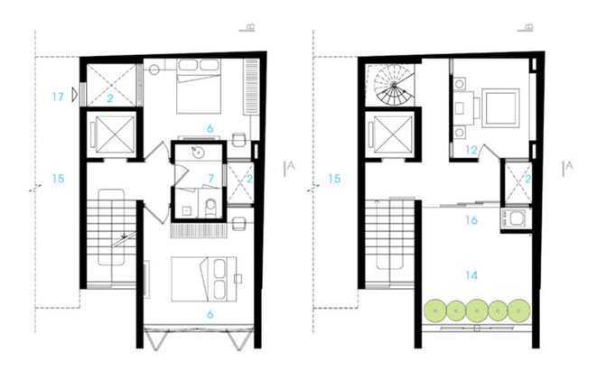Izquierda plano del tercer piso, derecha plano de la azotea