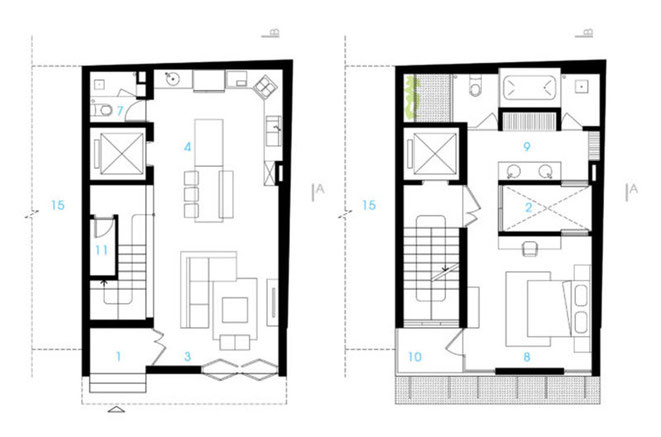 Izquierda plano del primer piso, derecha plano del segundo nivel 