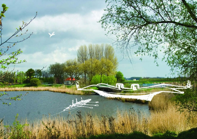 Artistieke weergave van biobased composietbrug in omgeving. Door RO&AD Architecten.