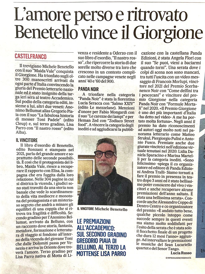 L'articolo di Lucia Russo su Il Gazzettino di Treviso che annuncia i vincitori dell'edizione 2022 del Premio Giorgione