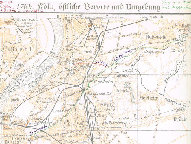 Abb. 19B Strecke von Deutz nach Wipperfürth in grün- Strecke von Mülheim nach Buchheim - Wichheim in rot [5] 