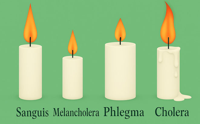 Sanguis: ausgewogenes Verhältnis von Materie und Energie. Melancholera: weniger Substanz-Reserve und wenig Energie. Phlegma: zu viel Substanz und Flamme erlischt ebenfalls fast im Wachs. Cholera: zu grosse Flamme (Enerige) wenig Reserven.