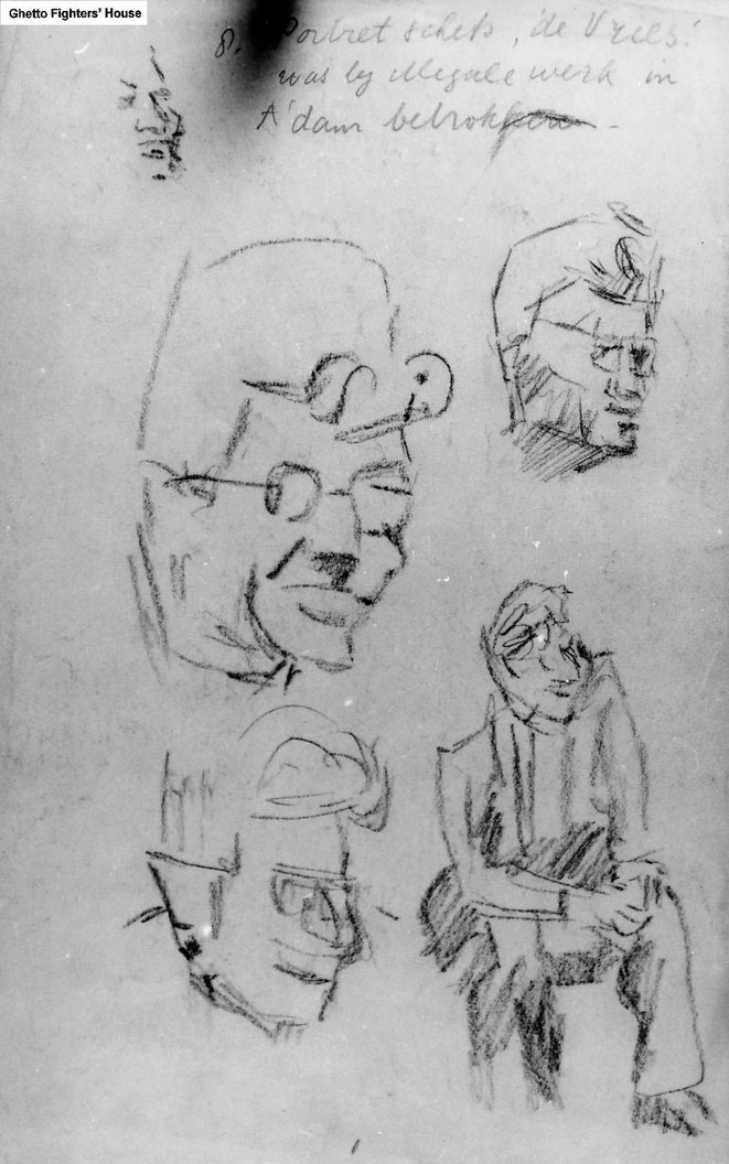Jan Budding WO 2 tekening kamp Sachsenhausen, Germany, (portretschetsen medegevangene De Vries).