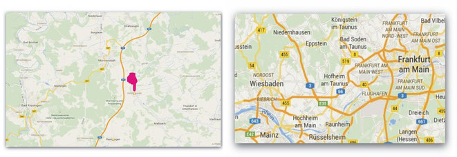 Landkarte vom Großraum Bad-Kissingen mit Poppenlauer und westl. Rhein-Main-Gebiet mit Hofheim/Ts.