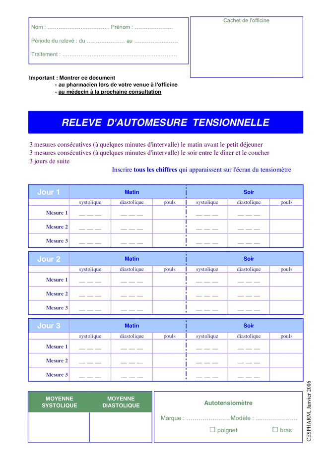 Fiche d'automesure tensionnelle Groupe Médical de Masseube