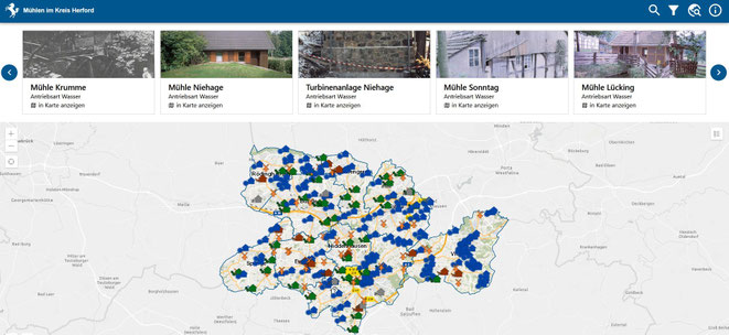 Screenshot des Mühlenkatasters Herford mit alten Mühlenstandorten