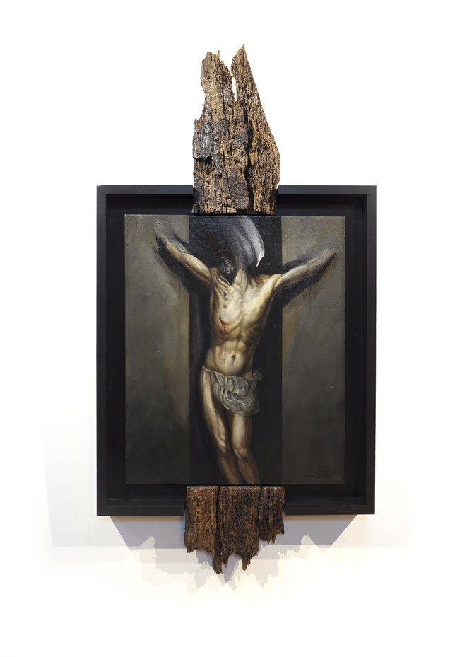 F.MARTIN© Crucifixion au bois - huile sur toile et montage composite 120x62
