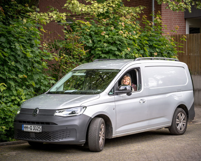 Die Hunde der Gassi Service Gruppe in Hamburg Altona vor dem VW Caddy