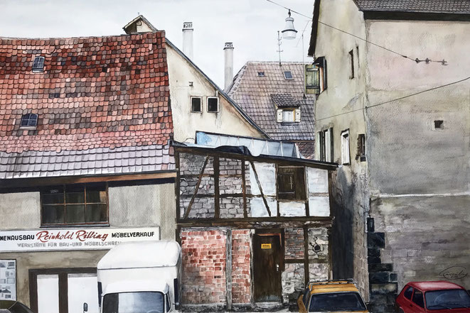 2022, Tübingen in den 70ern, Rathausgasse/Judengasse, Aquarell, 