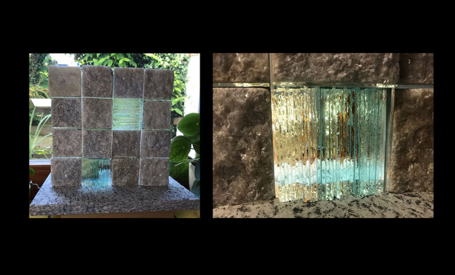 2021 Stein-Glasobjekt, Grundplatte 31x24cm, Serizzo-Granit, steinernes Quadrat, 25x25cm, weißer Marmor, Glas