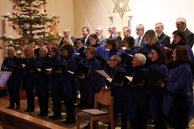 Gemischter Chor, im Hintergrund Weihnachtsbaum