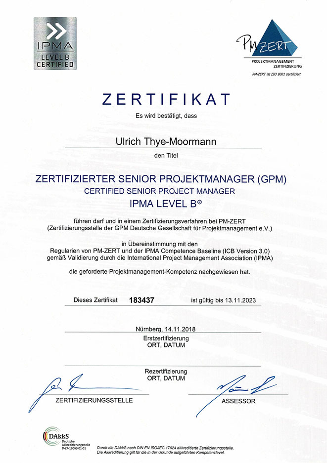 Zertifikat - Senior Projektmanager IPMA Level B