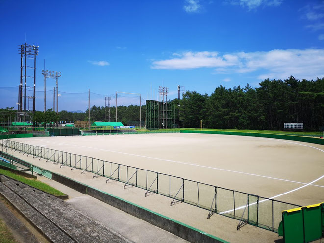 1回戦の球場です。空の青とグラウンドの白、松林の緑が鮮やかな青春の舞台でした。