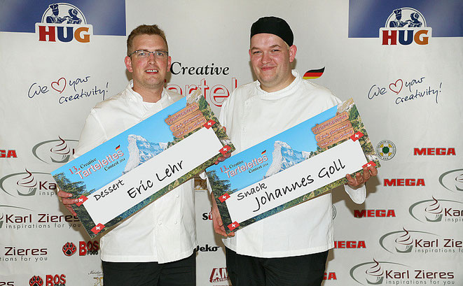Die beiden Erstplatzierten Johannes Goll, Sous Chef, Restaurant Francais, Hotel Steigenberger Frankfurter Hof (Snack) und Eric Lehr, Chef Pâtissier, Vila Vita Hotel Rosenpark, Marburg (Dessert)