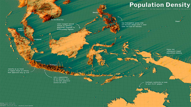 Population density in South-East Asia.  3D map graphics by Alasdair Rae.