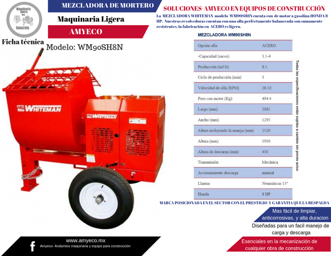 Mezcladora de Mortero WM90SH8 Cipsa by Whiteman - Distribuidora B&S Mexicana