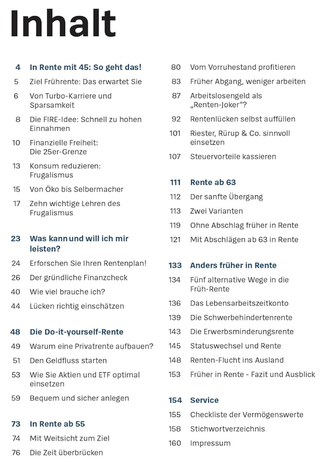 Screenshot Inhaltsverzeichnis Buch "Früher in Rente und Ruhestand"