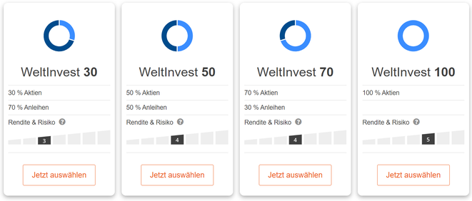 Die RaisinInvest-Portfolios, unterschiedliche Aktiengewichtung, je nach persönlichem Risikoprofil