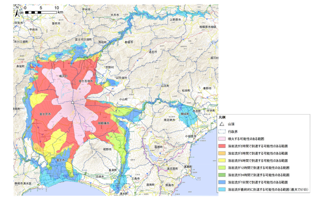 「富士山ハザードマップ」が示した溶岩の到達範囲/富士山火山防災協議会より