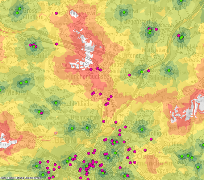 Ausschnitt Karte Geoportal: AED-Abdeckung Bern-Nord