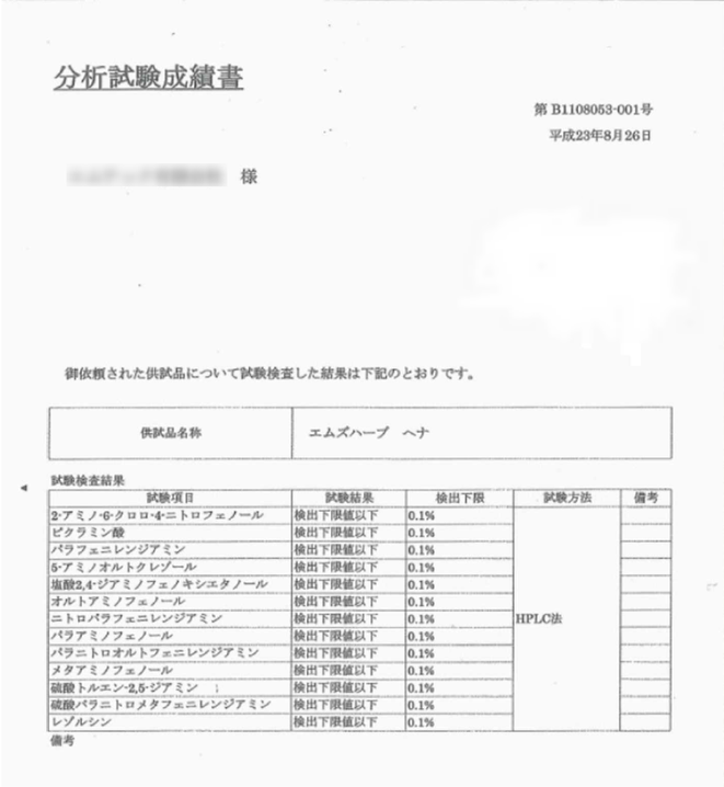 HQヘナ100%天然であることの証明書