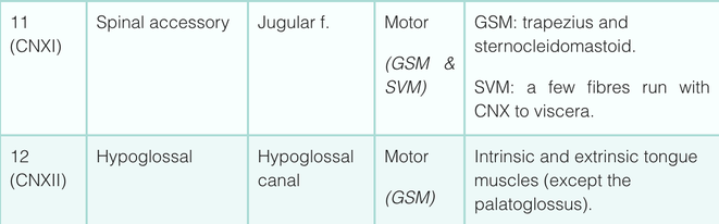 cranial nerve function table