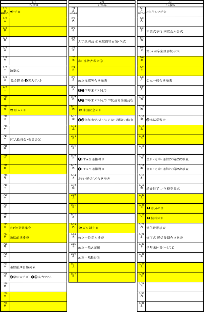 音羽中学校の令和8年度年間行事予定（1月〜3月）。学年末テスト、公立高校入試、卒業式、合格発表、修了式などを掲載