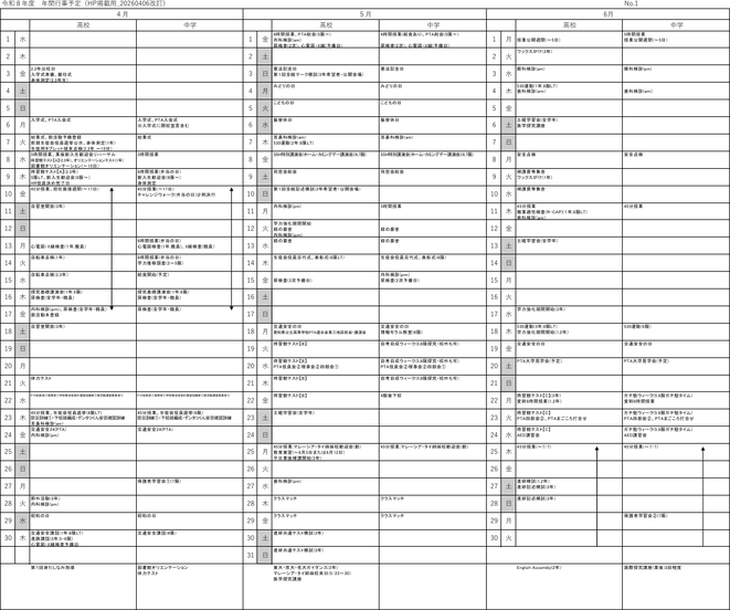4〜6月  入学式、対面式、身体測定、SSH関連活動、交通安全指導、各種検診、第1回全統模試、中間考査、教育実習などが行われる。