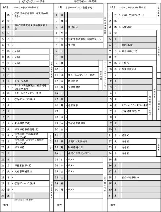 秋（9〜11月）  就職試験・文化祭・修学旅行・期末考査。