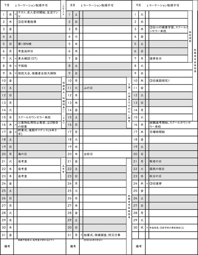 夏（7〜8月）  就職準備・保護者会・追考査・面接指導。