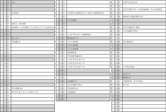 南部中学校の令和8年度学校行事予定（1月〜3月）。学年末テストや高校入試関連日程などの予定を掲載