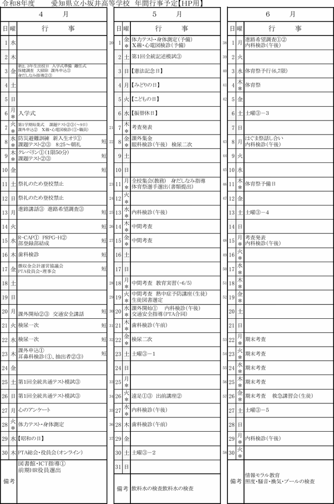 愛知県立小坂井高等学校の令和8年度年間行事予定（4月〜6月）。中間考査、期末考査、体育祭、修学旅行、全統模試などを掲載