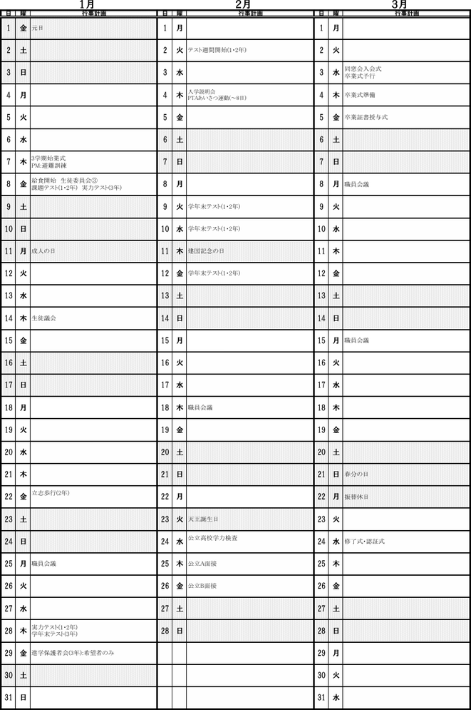 小坂井中学校の令和8年度年間行事予定（1月〜3月）。学年末テスト、公立高校入試、卒業式などを掲載