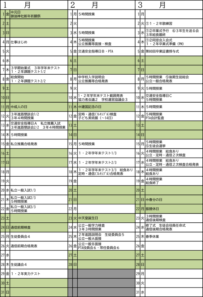 西部中学校の令和8年度年間行事予定（1月〜3月）。学年末テスト、公立高校入試、卒業式、合格発表などを掲載
