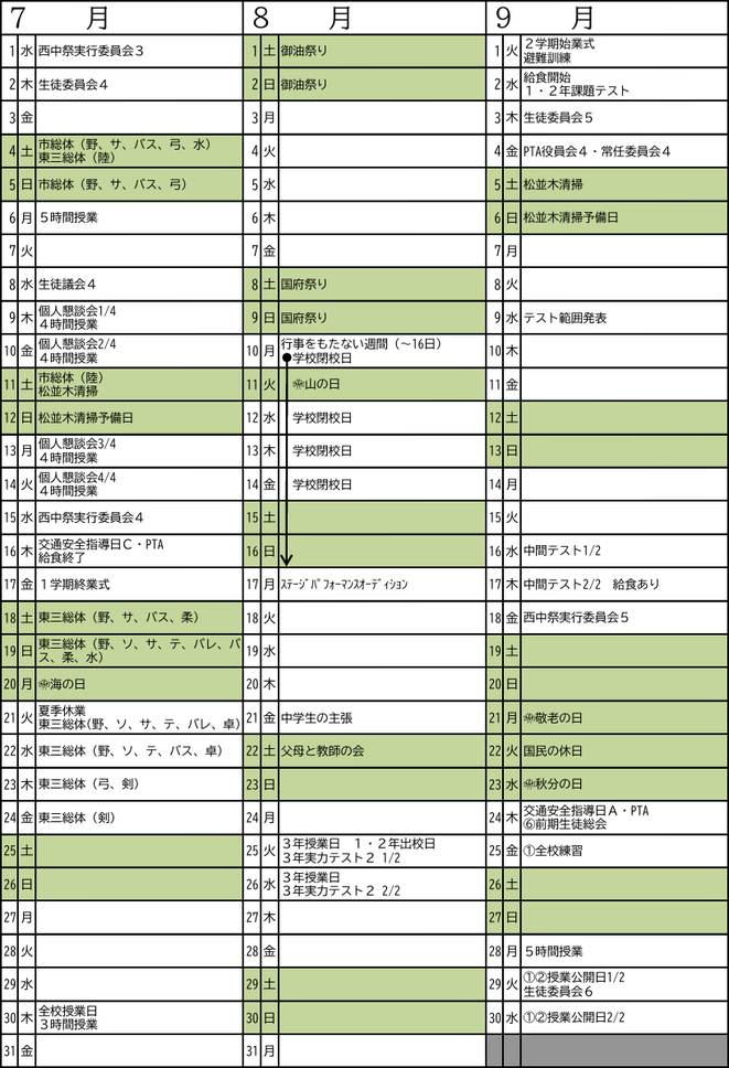 西部中学校の令和8年度年間行事予定（7月〜9月）。課題テスト、中間テスト、東三総体、西中祭準備、学校閉校日などを掲載