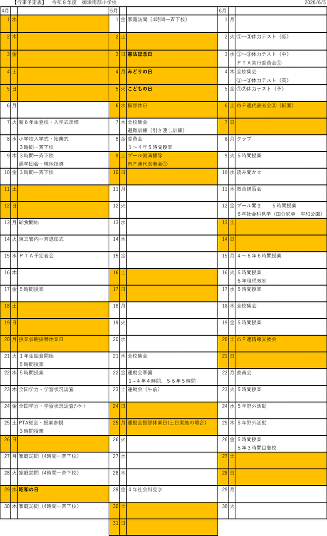 豊川市立御津南部小学校の令和8年度年間行事予定。入学式、運動会、全国学力・学習状況調査、野外活動、プール学習、サマースクール、水泳指導、授業参観、PTA親子作業、修学旅行、学習発表会、持久走大会、卒業式など豊川市御津町の小学校行事をまとめた年間スケジュール表。